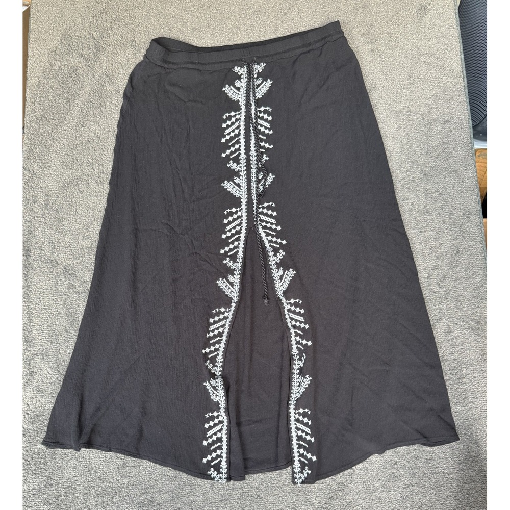 Forever 21 Black Embroidered Front Slit Midi Skirt Small Boho Crepe Tassel